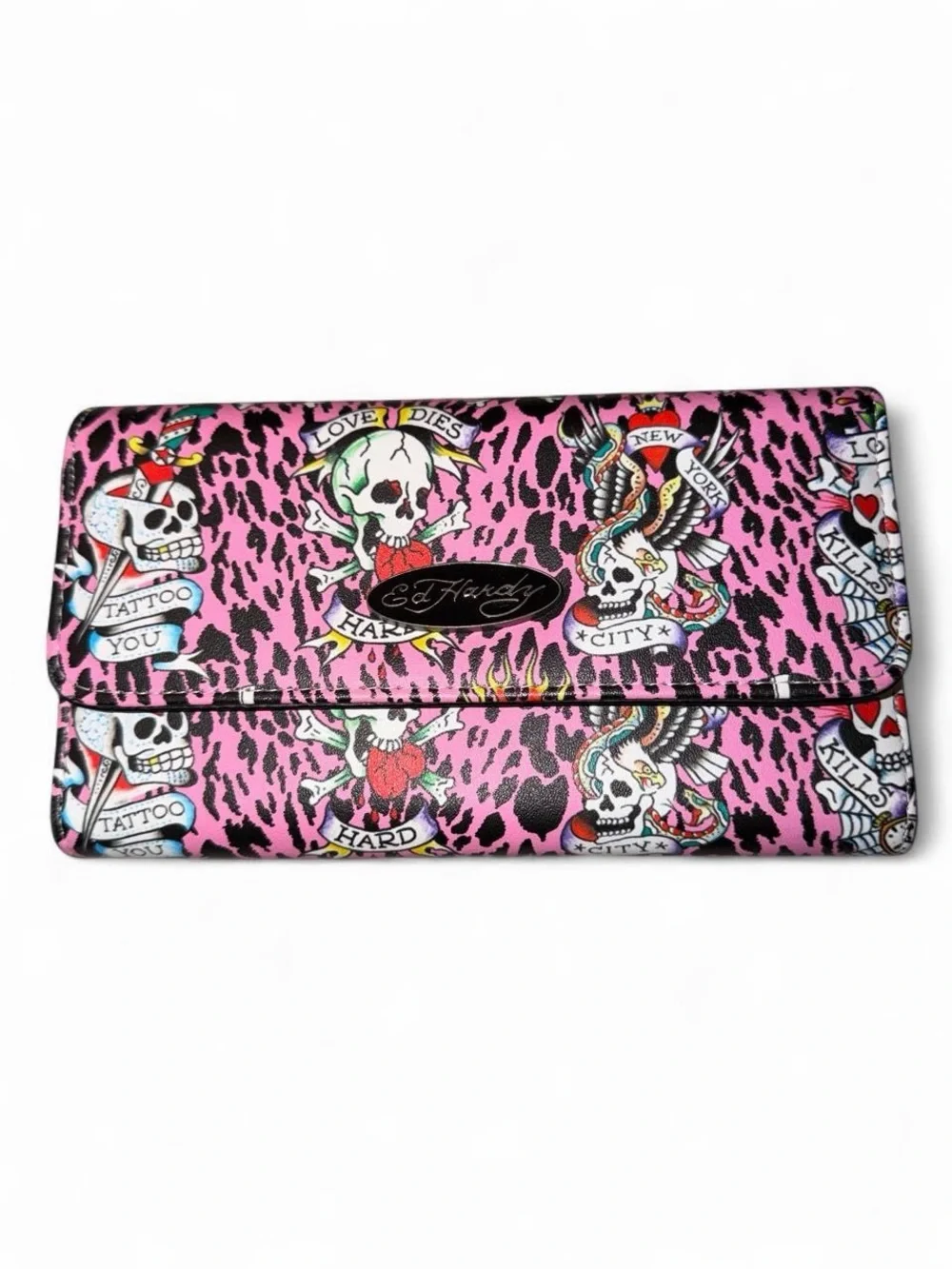 Ed Hardy Pink Tattoo-Print Foldover Wristlet Clutch